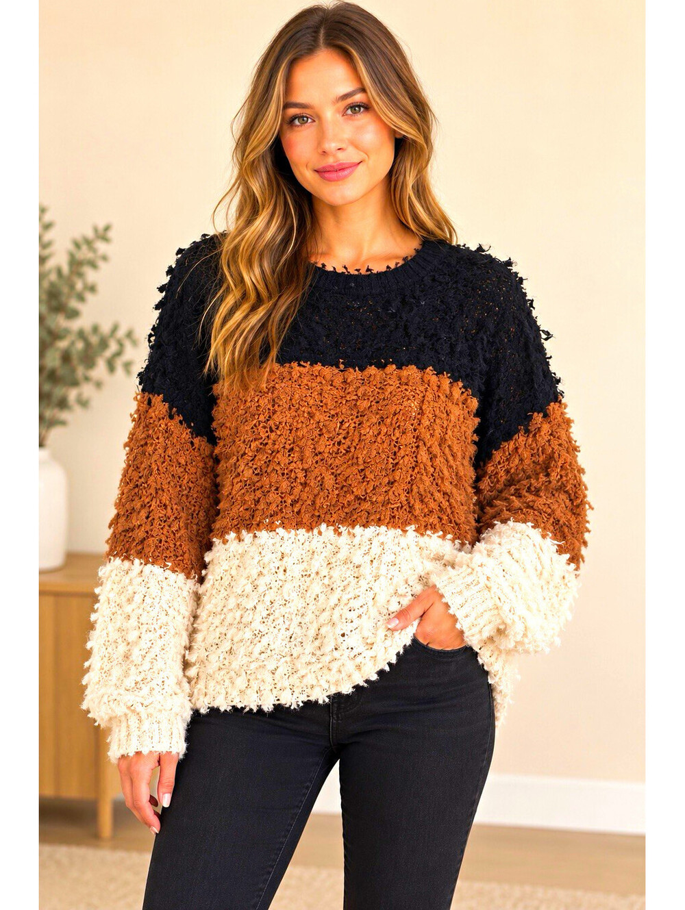 Blu Pepper Women’s S Color Block Eyelash Knit Sweater Oversized Black Brown